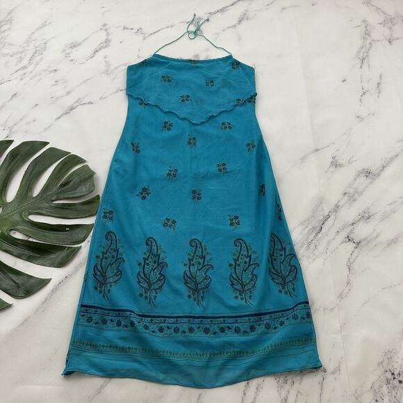 Hourglass Womens Vintage Y2k Halter Dress Size M Blue Paisley Mesh Boho - Picture 1 of 10